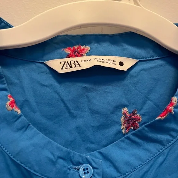 Zara Blue Flora Embroidered Ruffled Puff Sleeve Maxi Dress - Picture 6 of 12